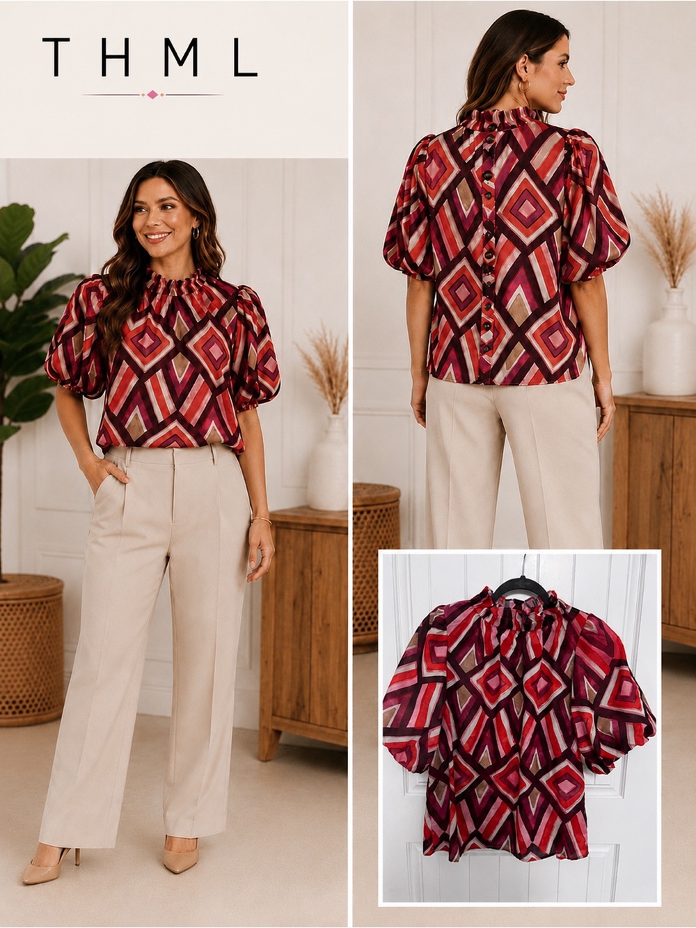THML Geometric Print Puff Sleeve Blouse Size Large